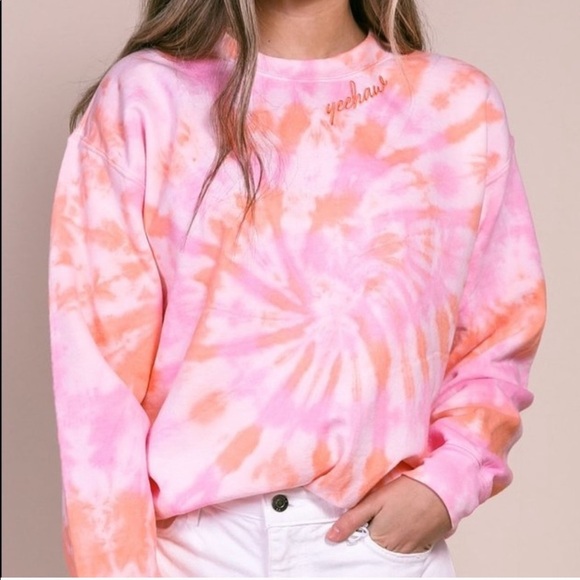 Red Dress Boutique Tops - Pink & Orange Tie Dye Embroidery Yeehaw Sweatshirt